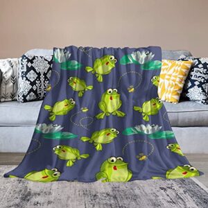 Frog in Lotus Pond Throw Blanket for Couch Bed Flannel Lap Blanket Lightweight Cozy Plush Blanket for All Seasons 50"x70"