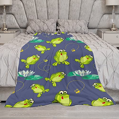 Frog in Lotus Pond Throw Blanket for Couch Bed Flannel Lap Blanket Lightweight Cozy Plush Blanket for All Seasons 50"x70"