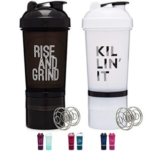 [2 pack] 20-oz shaker bottle with attachable storage compartments (white & black - 2 pack) | 20 ounce protein shaker cup with motivational quotes | attachable container storage for protein or supplements with mixing agitators