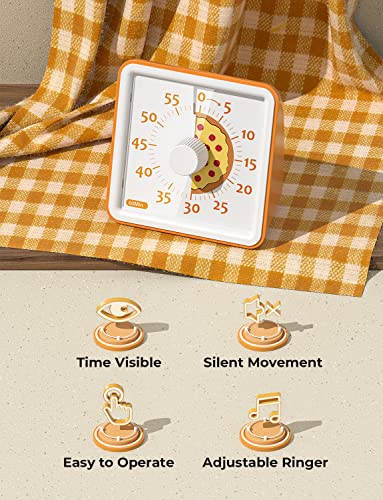 LIORQUE 60 Minute Visual Timer for Kids, Visual Countdown Timer for Classroom Office Kitchen with 'Pizza' Pattern Design, Pomodoro Timer with Silent Operation (Batteries Included) - Orange …