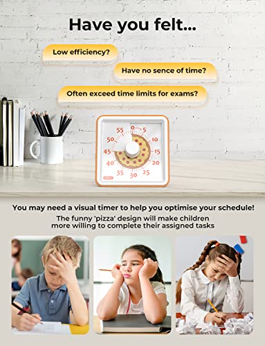 LIORQUE 60 Minute Visual Timer for Kids, Visual Countdown Timer for Classroom Office Kitchen with 'Pizza' Pattern Design, Pomodoro Timer with Silent Operation (Batteries Included) - Orange …