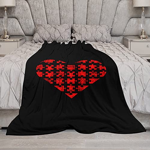 Autism Puzzle Heart Throw Blanket for Couch Bed Flannel Lap Blanket Lightweight Cozy Plush Blanket for All Seasons 40"x60"