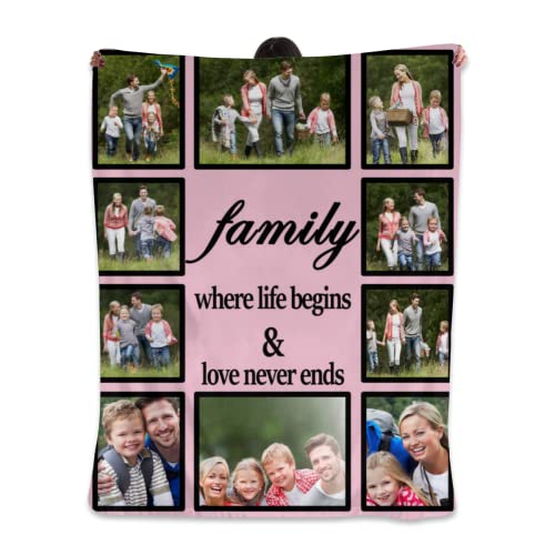 Personalized Blanket With Family Member Photos, Where Life Begins And Love Never Ends,Throws Fuzzy Blanket Gifts For Family Lovers Friends Couples Gifts Valentine’S Mother’S, W40"xL50"(102cmx127cm)