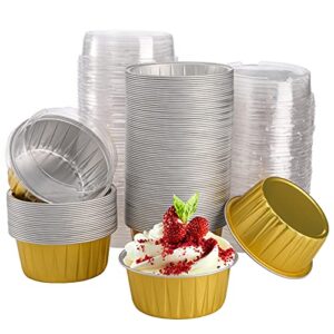 deayou 100-pack aluminum foil baking cups with lids, 5oz disposable muffin cupcake ramekins, 3" recyclable cupcake foil liners mini tart pie tin pan holder for souffle, pudding, party, wedding, gold