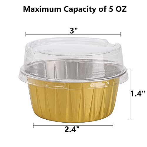 DEAYOU 100-Pack Aluminum Foil Baking Cups with Lids, 5oz Disposable Muffin Cupcake Ramekins, 3" Recyclable Cupcake Foil Liners Mini Tart Pie Tin Pan Holder for Souffle, Pudding, Party, Wedding, Gold