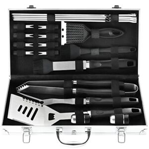n noble family 21pcs complete bbq utensils set with aluminum case - enlarged handle stainless steel grill tools set for outdoor camping barbecue - ideal bbq gift on father’s day, birthday, christmas
