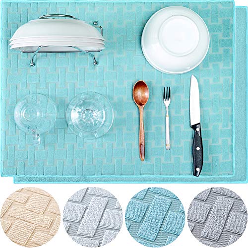 KDIJET Dish Drying Mat 2 Pack XL Blue Cross Sculpted Microfiber Super Absorbent Kitchen Counter Drying Mat