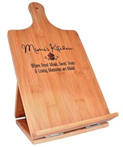 mimi gift cookbook stand recipe holder - custom engraved bamboo cutting board foldable chef easel metal hinge kickstand ipad tablet compatible christmas birthday mother day kitchen decor (7.25x13.5)