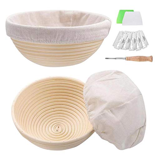 Set of 2 9 inch Round Bread Proofing Baskets Natural Rattan Banneton Sourdough Rising Bowl Basket with Dough Scraper + Bread Lame + Cloth Liner for Bakery Home Bakers