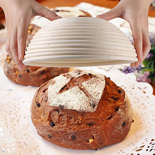 Set of 2 9 inch Round Bread Proofing Baskets Natural Rattan Banneton Sourdough Rising Bowl Basket with Dough Scraper + Bread Lame + Cloth Liner for Bakery Home Bakers