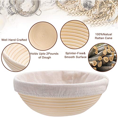 Set of 2 9 inch Round Bread Proofing Baskets Natural Rattan Banneton Sourdough Rising Bowl Basket with Dough Scraper + Bread Lame + Cloth Liner for Bakery Home Bakers