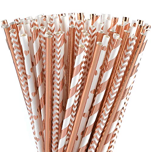 ALINK Biodegradable Rose Gold Paper Straws Bulk, Pack of 100 Metallic Foil Striped/Wave/Heart Straws for Birthday, Wedding, Bridal/Baby Shower, Christmas Decorations and Party Supplies