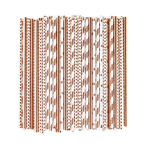 ALINK Biodegradable Rose Gold Paper Straws Bulk, Pack of 100 Metallic Foil Striped/Wave/Heart Straws for Birthday, Wedding, Bridal/Baby Shower, Christmas Decorations and Party Supplies