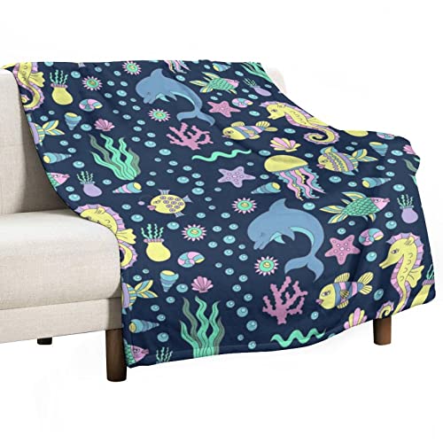 Doodles Underwater Sea Horse Dolphin Throw Blanket for Couch Bed Flannel Lap Blanket Lightweight Cozy Plush Blanket for All Seasons 50"x70"