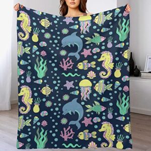 Doodles Underwater Sea Horse Dolphin Throw Blanket for Couch Bed Flannel Lap Blanket Lightweight Cozy Plush Blanket for All Seasons 50"x70"