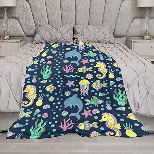 Doodles Underwater Sea Horse Dolphin Throw Blanket for Couch Bed Flannel Lap Blanket Lightweight Cozy Plush Blanket for All Seasons 50"x70"