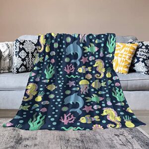 Doodles Underwater Sea Horse Dolphin Throw Blanket for Couch Bed Flannel Lap Blanket Lightweight Cozy Plush Blanket for All Seasons 50"x70"