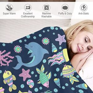 Doodles Underwater Sea Horse Dolphin Throw Blanket for Couch Bed Flannel Lap Blanket Lightweight Cozy Plush Blanket for All Seasons 50"x70"