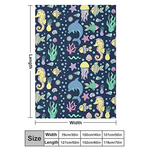 Doodles Underwater Sea Horse Dolphin Throw Blanket for Couch Bed Flannel Lap Blanket Lightweight Cozy Plush Blanket for All Seasons 50"x70"