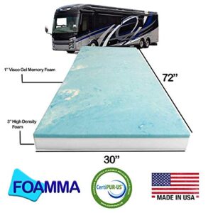 Foamma 4” x 30” x 72” Truck, Camper, RV Travel Visco Gel Memory Foam Bunk Mattress Replacement, Made in USA, Comfortable, Travel Trailer, CertiPUR-US Certified, Cover Not Included