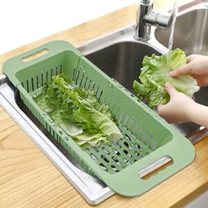 MineSign Extendable Over the Sink Colander Fruits and Vegetables Drain Basket Adjustable Strainer Sink Washing Basket for Kitchen (Green)