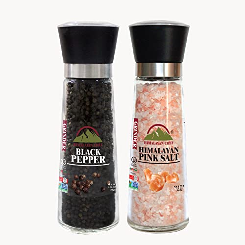 Himalayan Chef Pink Salt and Pepper Grinder Set of 2 - Adjustable Ceramic Himalayan Salt Grinder & Pepper Grinder - Tall Glass Salt and Pepper Shakers - Pepper Mill & Salt Mill, Large (5351AX2)