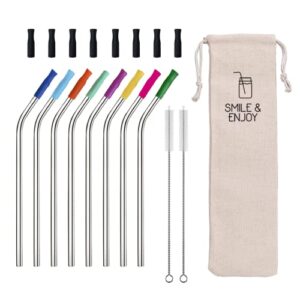 8-pack reusable stainless steel straws with colored & black silicone tips, straw cleaner brush and polyester bag, reusable straws for tumblers & mason jars