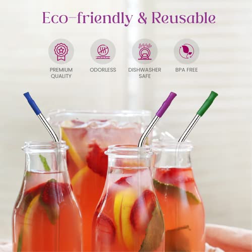 8-Pack Reusable Stainless Steel Straws with Colored & Black Silicone Tips, Straw Cleaner Brush and Polyester Bag, Reusable Straws for Tumblers & Mason Jars