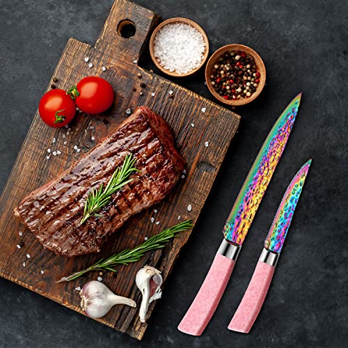 Rainbow Titanium Knife Set, Non Stick Thick and Sharp Stainless Steel Kitchen Knives Set with Acrylic Block, 15 Pcs Cutlery Knives Block Set, Chef Quality for Home & Pro Use, Best Gift, Pink Color