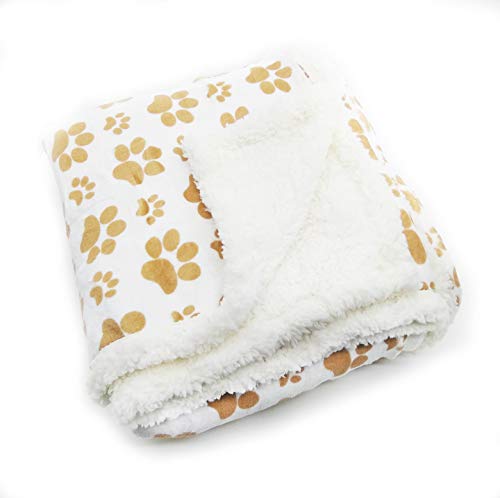 long rich Printed Dog paw Flannel Reverse to Sherpa Throw Blanket, Taupe, by Happycare Textiles