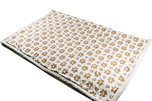 long rich Printed Dog paw Flannel Reverse to Sherpa Throw Blanket, Taupe, by Happycare Textiles