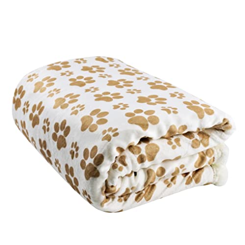 long rich Printed Dog paw Flannel Reverse to Sherpa Throw Blanket, Taupe, by Happycare Textiles