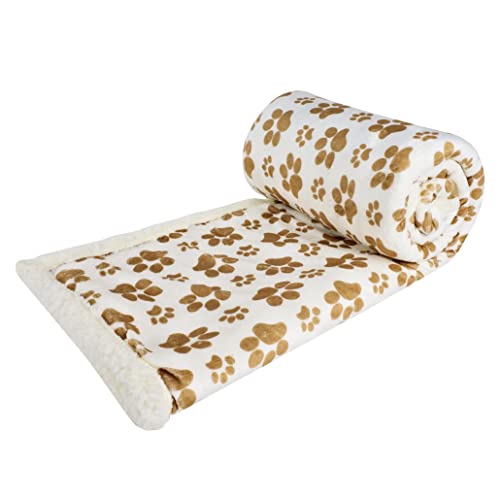 long rich Printed Dog paw Flannel Reverse to Sherpa Throw Blanket, Taupe, by Happycare Textiles