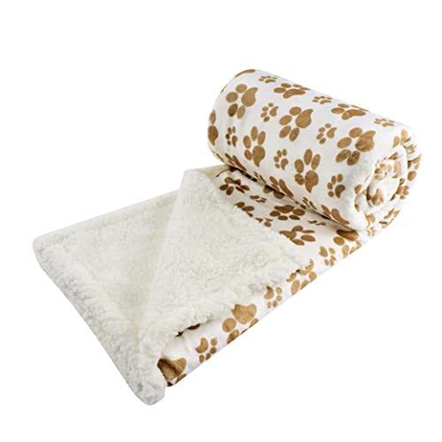 long rich Printed Dog paw Flannel Reverse to Sherpa Throw Blanket, Taupe, by Happycare Textiles