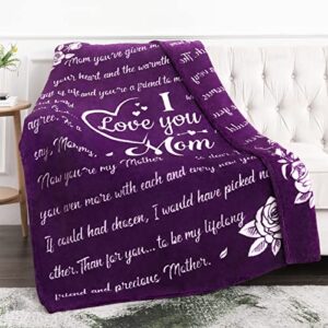 jekeno i love you mom gift blanket, double sided printed throw birthday gifts for women unique mom gifts from daughter or son for birthday, mothers day, christmas, warm soft 50"x60" (purple)