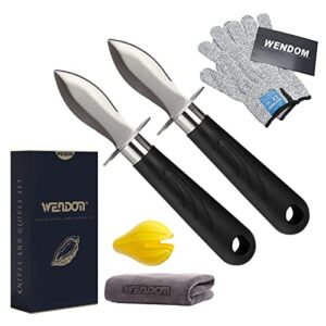 wendom oyster knife shucker set oyster shucking knife and gloves cut resistant level 5 protection seafood opener kit tools gift(2knifes+2glove+1cloth)