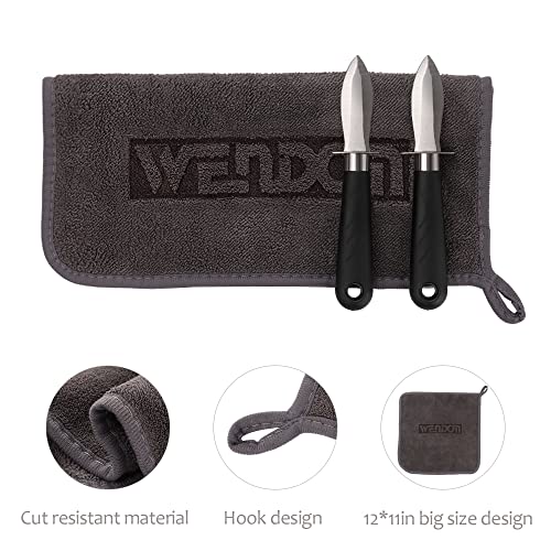 WENDOM Oyster Knife Shucker Set Oyster Shucking Knife and Gloves Cut Resistant Level 5 Protection Seafood Opener Kit Tools Gift(2knifes+2Glove+1Cloth)