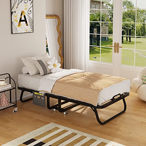 75" x 35" Folding Bed with Mattress, Twin Size Portable Foldable Rollaway Guest Bed for Adults, Cots Fold Up Bed with Fabric Storage Bag & 5 Inch Memory Foam Metal Frame Wheels