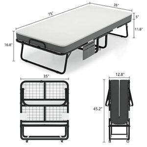 75" x 35" Folding Bed with Mattress, Twin Size Portable Foldable Rollaway Guest Bed for Adults, Cots Fold Up Bed with Fabric Storage Bag & 5 Inch Memory Foam Metal Frame Wheels