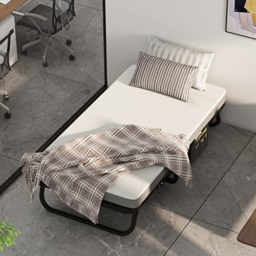 75" x 35" Folding Bed with Mattress, Twin Size Portable Foldable Rollaway Guest Bed for Adults, Cots Fold Up Bed with Fabric Storage Bag & 5 Inch Memory Foam Metal Frame Wheels