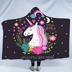sleepwish unicorn sherpa blanket poncho hoodie outdoor blanket little unicorn plush fleece blanket cute cartoon unicorn hooded blanket for adults (60"x 80")