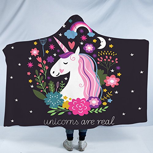 Sleepwish Unicorn Sherpa Blanket Poncho Hoodie Outdoor Blanket Little Unicorn Plush Fleece Blanket Cute Cartoon Unicorn Hooded Blanket for Adults (60"x 80")