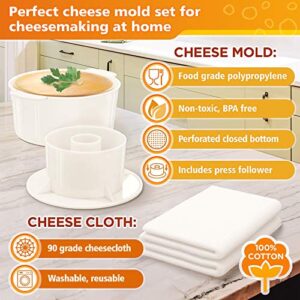 Grand Way Cheese Mold with a Follower and Cheesecloth – Cheese Making Kit – Cheesemaking Supplies – Cheese Set for Press – Reusable Cheesecloth – 100% Cotton Cloth for Straining – Paneer Maker