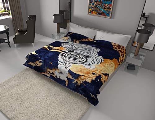 White Tiger Blanket I Korean style Mink Ultra Silky Soft Reversible Bed comforter bedspread bedding Cobias I Heavy thick weight I Perfect for Winter and Warm for all season throw(Queen, 71 Tiger Blue)