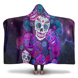 freedomlook sugar skull hooded blanket, sherpa and microfiber fleece candy skull skull blanket with hood for teens and adults (80 in x 55 in, microfleece)