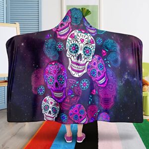 freedomlook Sugar Skull Hooded Blanket, Sherpa and Microfiber Fleece Candy Skull Skull Blanket with Hood for Teens and Adults (80 in x 55 in, Microfleece)