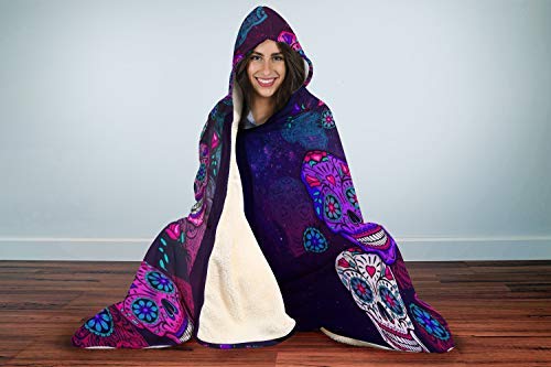 freedomlook Sugar Skull Hooded Blanket, Sherpa and Microfiber Fleece Candy Skull Skull Blanket with Hood for Teens and Adults (80 in x 55 in, Microfleece)