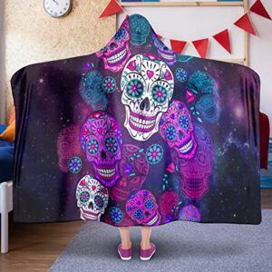 freedomlook Sugar Skull Hooded Blanket, Sherpa and Microfiber Fleece Candy Skull Skull Blanket with Hood for Teens and Adults (80 in x 55 in, Microfleece)