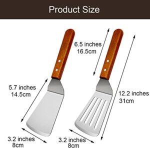 KLAQQED 2Pcs Metal Spatulas Set, Metal Spatula for Cast Iron Skillet, Cooking Utensils Fish Egg Grill Spatula Stainless Steel Slotted Spatula, Wok Flat Top Small Metal Spatula Turner with Wood Handle