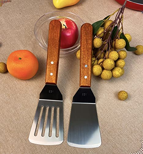 KLAQQED 2Pcs Metal Spatulas Set, Metal Spatula for Cast Iron Skillet, Cooking Utensils Fish Egg Grill Spatula Stainless Steel Slotted Spatula, Wok Flat Top Small Metal Spatula Turner with Wood Handle